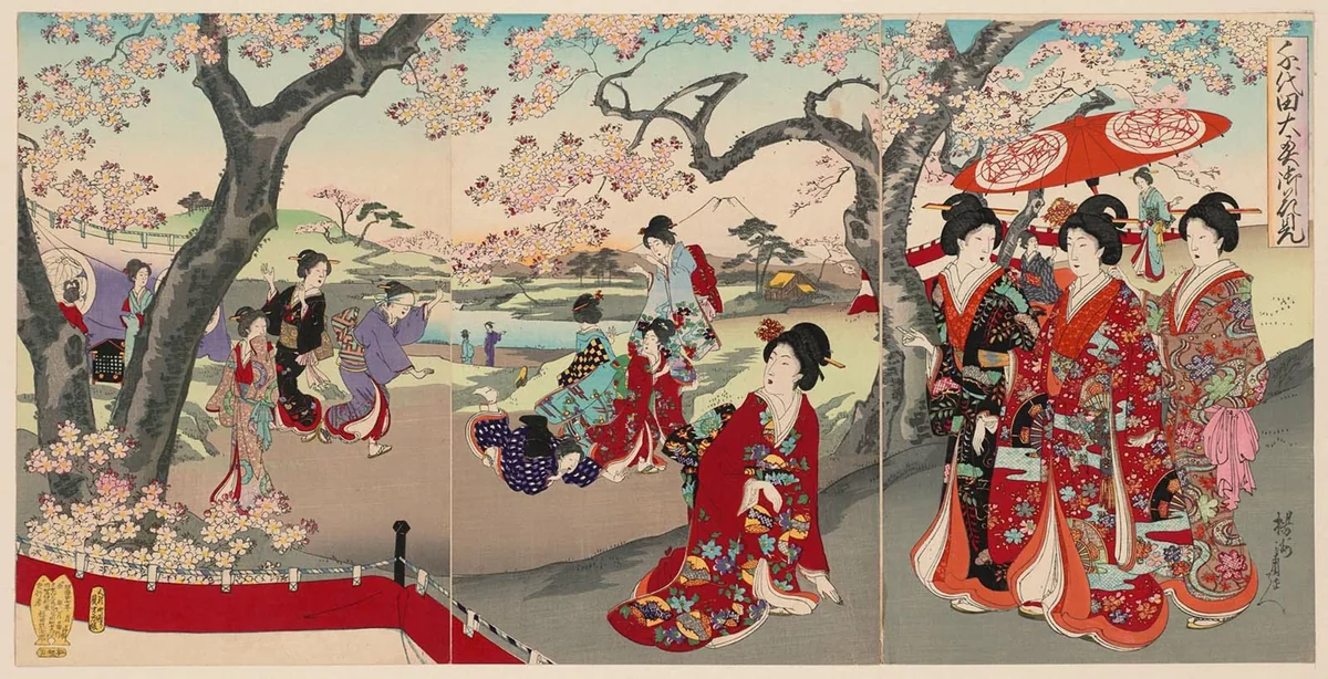 Sakura 9 Bosque del templo Suijin y región Massaki a orillas del Río Sumida de la serie Cien famosas vistas de Edo de Utagawa Hiroshige, 1856.